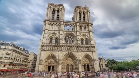 Front view of Notre-Dame de Paris timelapse hyperlapse, a medieval Catholic Stock Footage 80592055