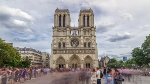 Front view of Notre-Dame de Paris timelapse hyperlapse, a medieval Catholic Stock Footage 142097603