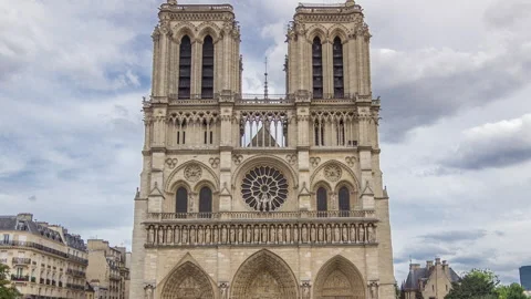 Front view of Notre-Dame de Paris timelapse hyperlapse, a medieval Catholic Stock Footage 236632410