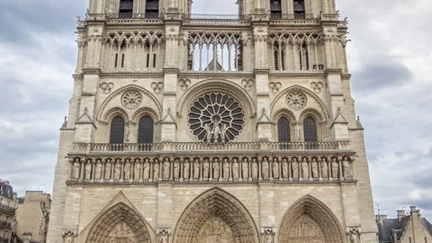 Front view of Notre-Dame de Paris timelapse hyperlapse, a medieval Catholic Stock Footage 236643526