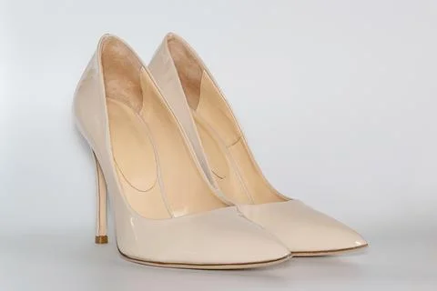 Front view of the nude colored high heeled women's shoes. Stock Photos