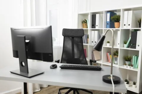 Front view office desk with computer chair Resolution and high quality Stock Photos