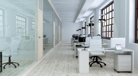Front view of the office interior with large windows and a row of light wood 스톡 일러스트