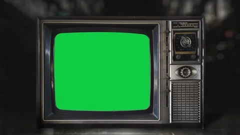 Front view of old antique television turn on and turn off blank green screen Stock Footage 308227869