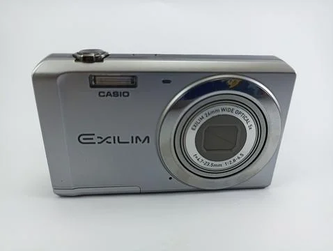 Front view of old casio digital pocket camera isolated on white background Stock Photos