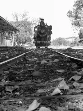 Front view of an old-fashioned steam locomotive in a brazilian railway statio Stock Photos