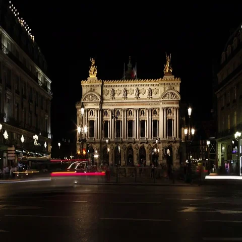 Front view of the Old Garnier Opera house in Paris by night. Time-Lapse sequence Stock Footage 69435428