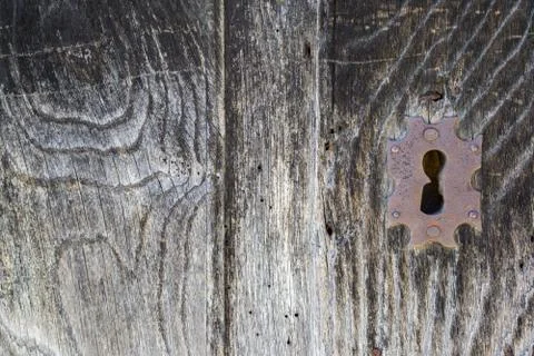 Front view of old lock and wooden door Stock-Fotos