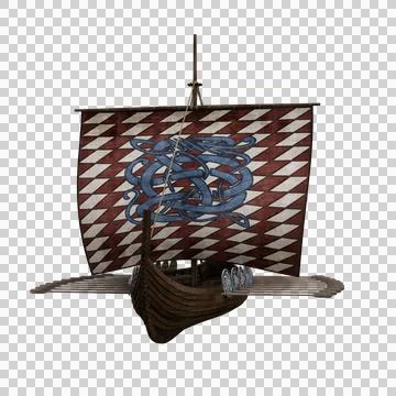 Front view of old medieval Viking ship. 3D rendering isolated. Illustrazione stock