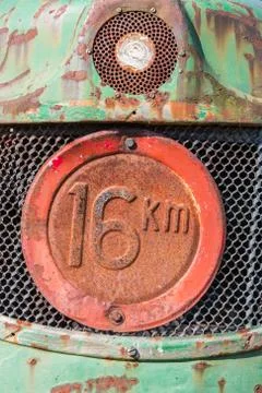 Front view of an old tractor with maximum speed sign Stock Photos