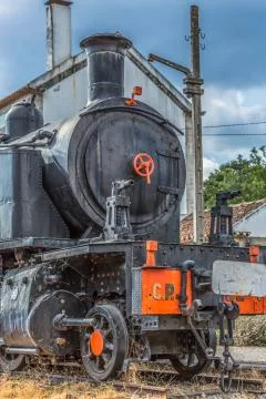 Front view of old train with dramatic sky Stock Photos