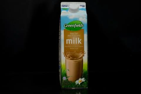 Front view of one liter of a low fat mochaccino milk box from the Greenfields Stock Photos