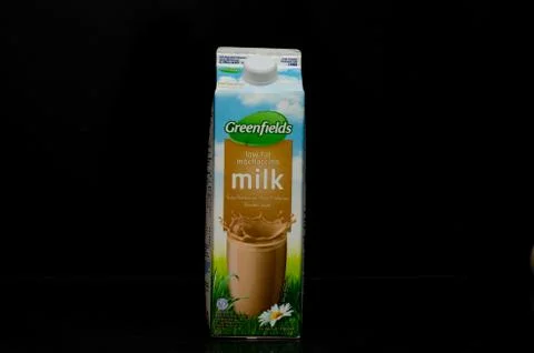 Front view of one liter of a low fat mochaccino milk box from the Greenfields Stock Photos