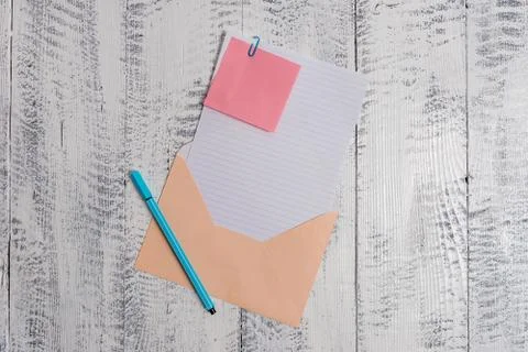 Front view open colored rectangular envelope blank sheet paper sticky note 스톡 사진
