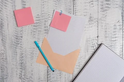 Front view open colored rectangular envelope blank sheet paper sticky notes 스톡 사진