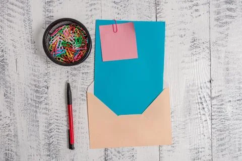 Front view open colored rectangular envelope blank sheet paper sticky note 写真素材