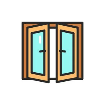 Front view open double doors color line icon. Isolated vector element. Stock Illustration