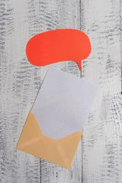 Front view open envelop speech bubble paper sheet lying wooden old retro vintage Stock Photos