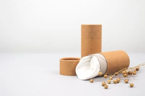 Front view on paper tubes with white cotton disks inside on light grey Foto stock