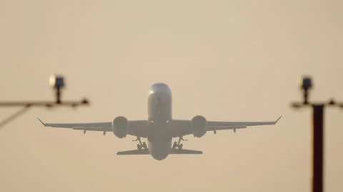 Front view passenger aircraft taking off through warm morning mist Vidéo 333649007
