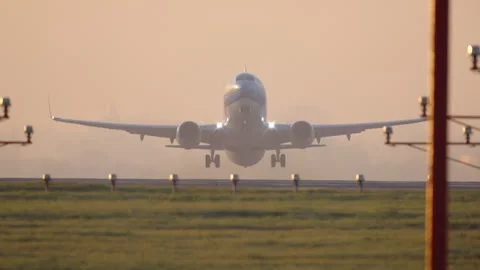 Front view passenger aircraft taking off through warm morning mist Vídeo Stock 333649386