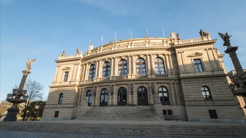 Front view of philharmonic in Prague after sunrise with shadow Hyperlapse Video stock 124783571
