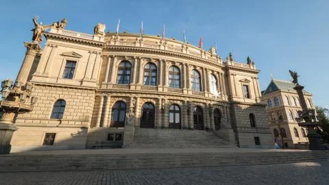Front view of philharmonic in Prague after sunrise with shadow Stock Photos
