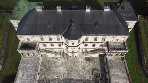 Front view of Pidhirtsi Castle from drone. Front yard and facade of castle Stock Footage 171922726