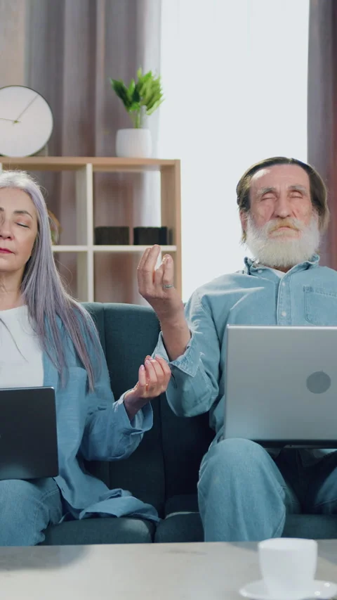 Front view of pleasant calm senior bearded man and woman which sitting together  Stock Footage 329683365
