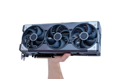 Front view of powerful triple fan graphics card isolated on white backgroun.. 스톡 사진