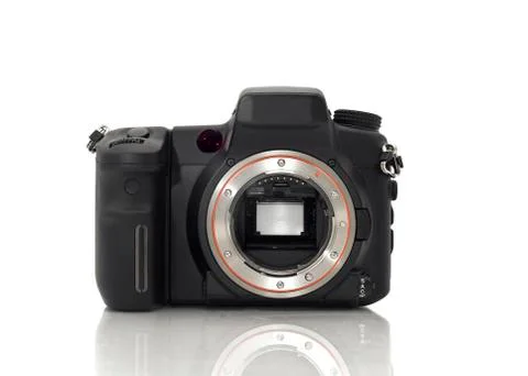 Front view of professional dslr camera body and its mirror Stock Photos