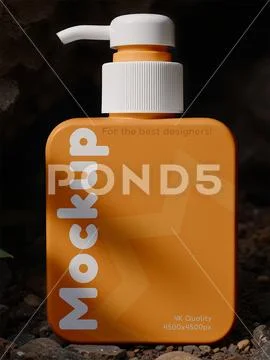 Front view pump bottle mockup for cosmetics in a rocky setting Plantilla PSD
