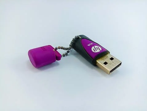 Front view of a purple usb flash drive from a hp brand on a white background Stock Photos