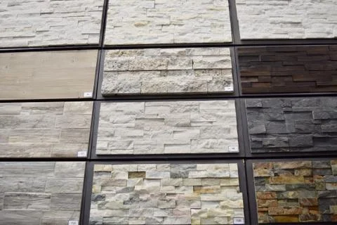 Front view of rectangle stone tile samples on display at a store for home decor 스톡 사진