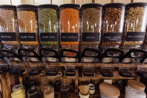 Front view of refillable food containers. Stock Photos