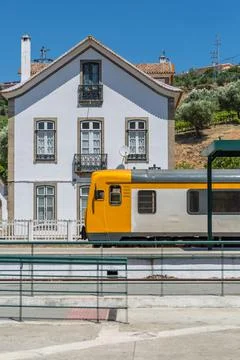 Front view of a regional train, typical of the Portuguese train network Stock Photos