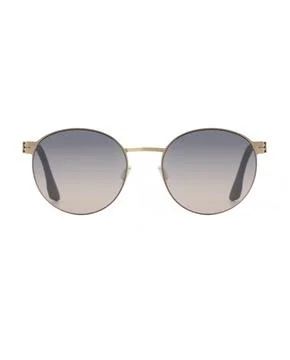 Front view of round Panto shaped sunglasses in metallic gold frames with purp Stock Photos