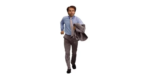 Front view running business man with suit jacket in hand, alpha channel Stock Footage 83418865