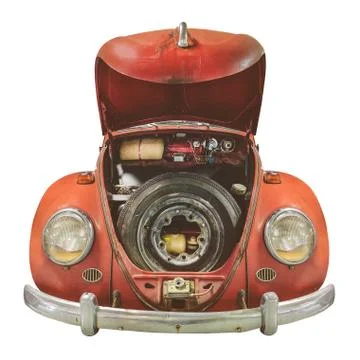 Front view of a rusted classic car with open hood isolated on white 写真素材