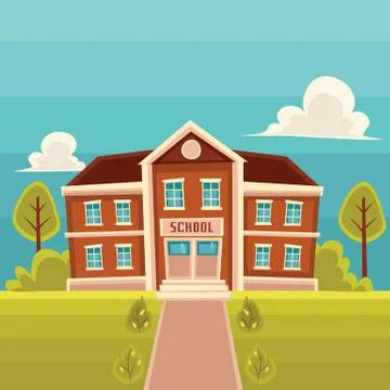 Front view school building cartoon vector illustration Ilustración de archivo