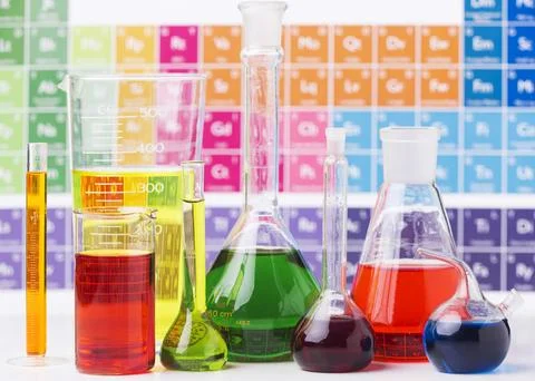 Front view science elements with chemicals assortment High resolution photo Stock Photos