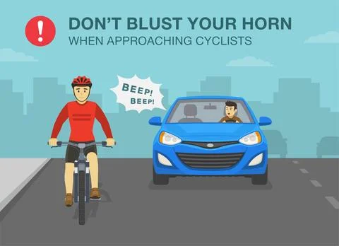 Front view of a sedan car and cyclist on a bicycle. Don't blust your horn. Stock Illustration