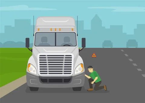 Front view of a semi-trailer driver checking the front tire on road. Stock Illustration