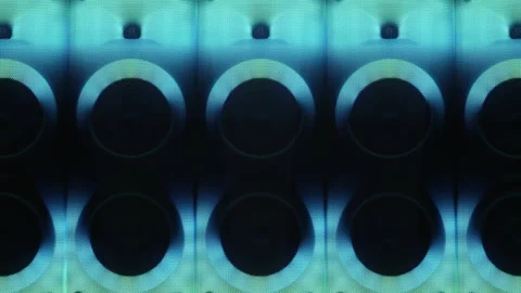 Front view set of a modern loud sound speakers illuminated by neon lights Vidéo 165265002