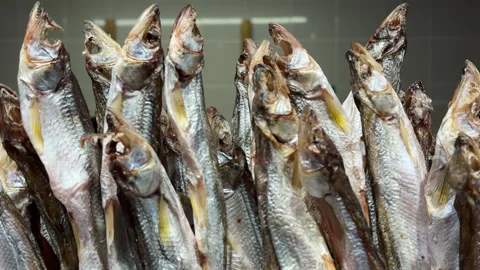 Front view of several dried fish hanging at a market stall. The image captures t Видео 310818550
