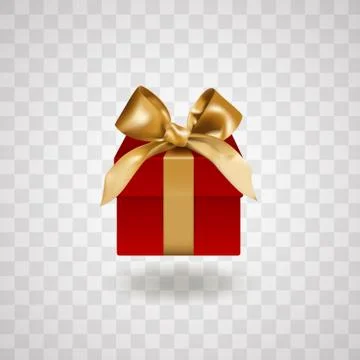 Front view of single closed Red gift box bandaged with golden elegant bow wit Stock Illustration