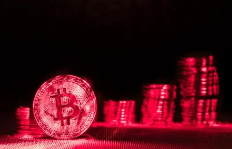 Front view of single golden bit coin Stock Photos