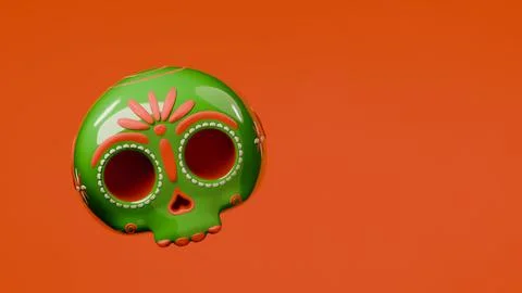 Front view of single green sugar skull with orange background for Day of th.. Stock Illustration