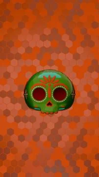 Front view of single green sugar skull with orange background for Day of th.. Stock Illustration