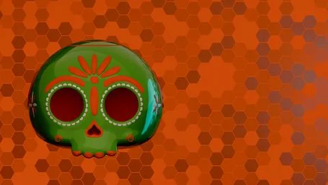 Front view of single green sugar skull with orange background for Day of th.. Stock Illustration